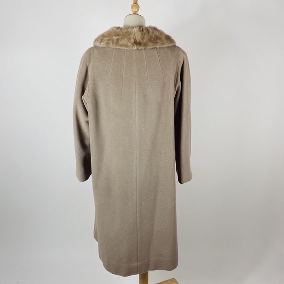 VINTAGE Regal Mode Fur Trim Long Wool Coat Taupe - Picture 4 of 12